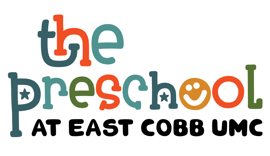 Logo for "The Preschool at East Cobb UMC" with playful, colorful lettering and a smiley face in the word "preschool.