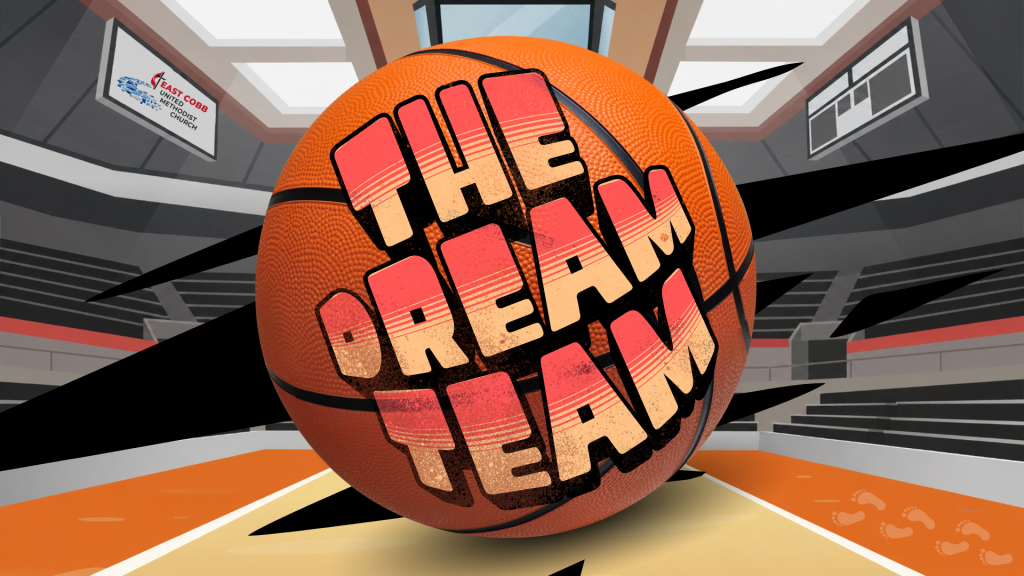 A basketball with "THE DREAM TEAM" written on it sits at center court in a brightly lit, empty indoor stadium.